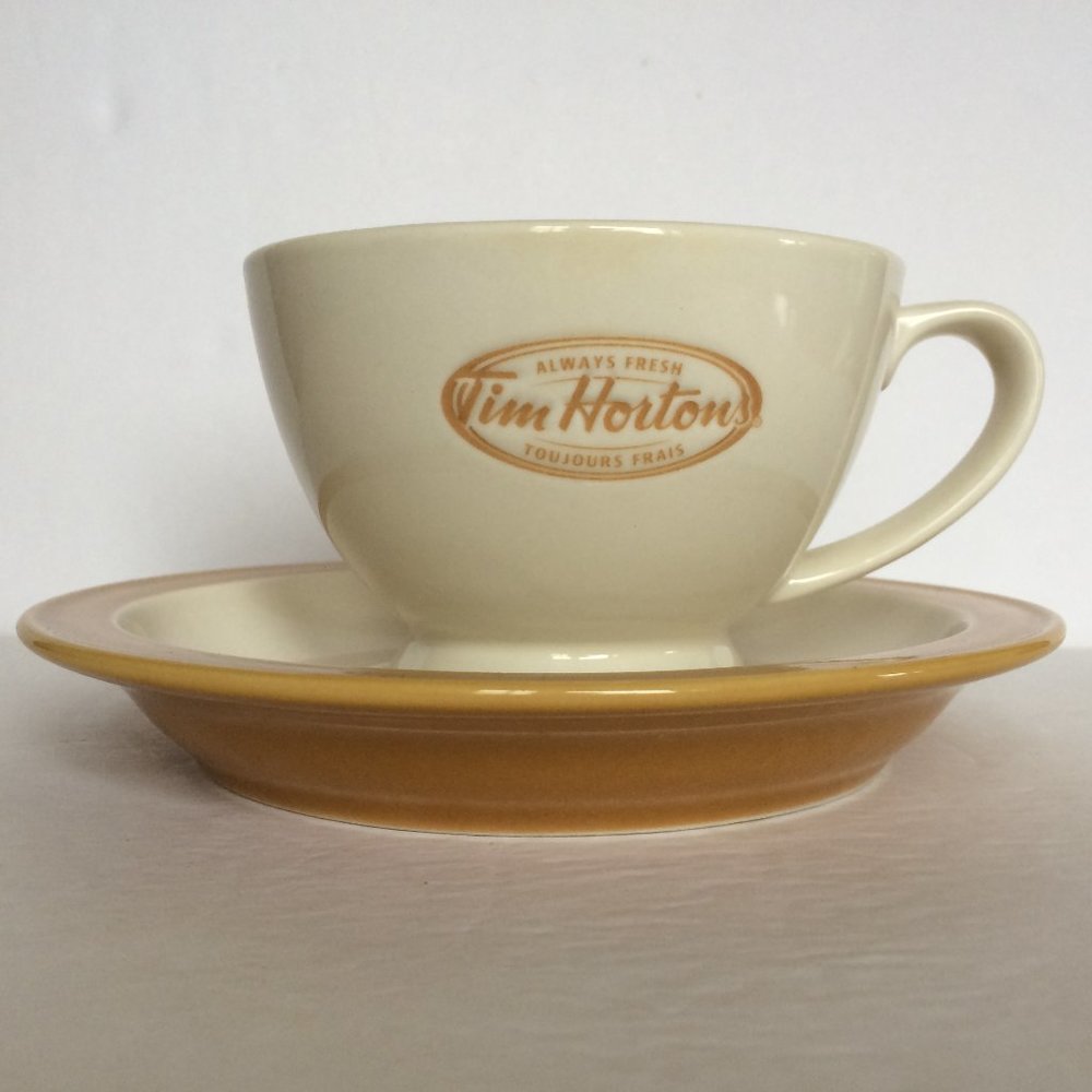 Tim Hortons Coffee Mug Saucer Set Brown Ivory Always Fresh Bilingual Collectible